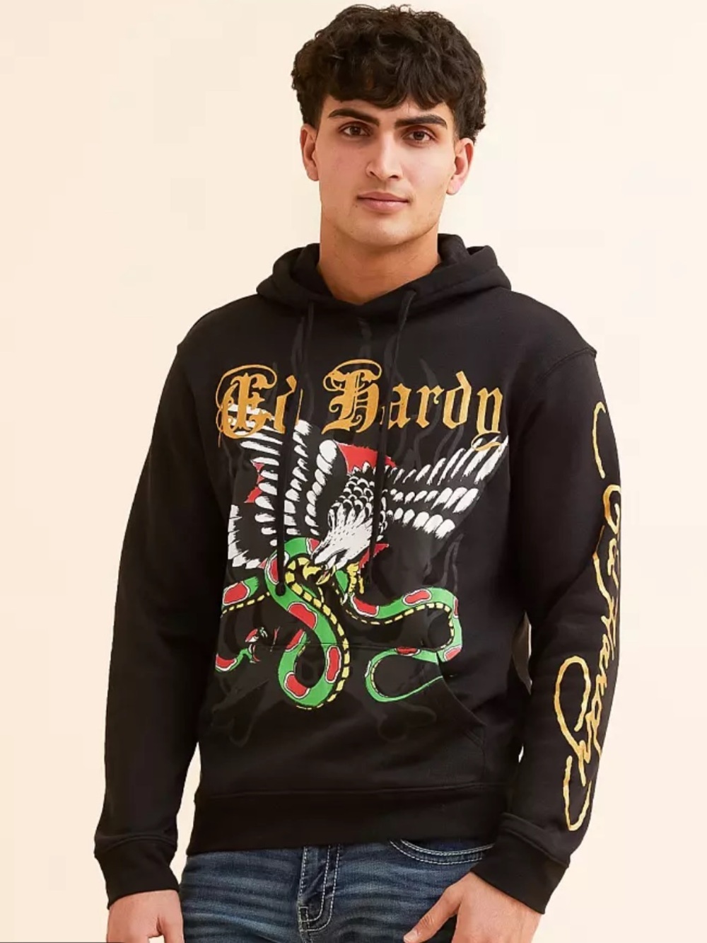 Ed Hardy Black Hooded Sweatshirt with Green & Red Snake and Gold Script